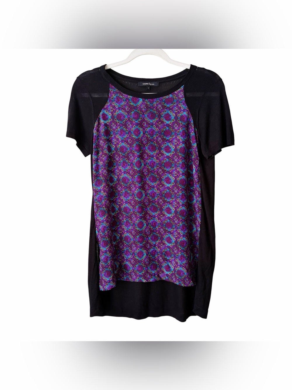 Nanette Lepore | Silk & Rayon Tunic Sweater Top Kaleidoscope Purple Black Small